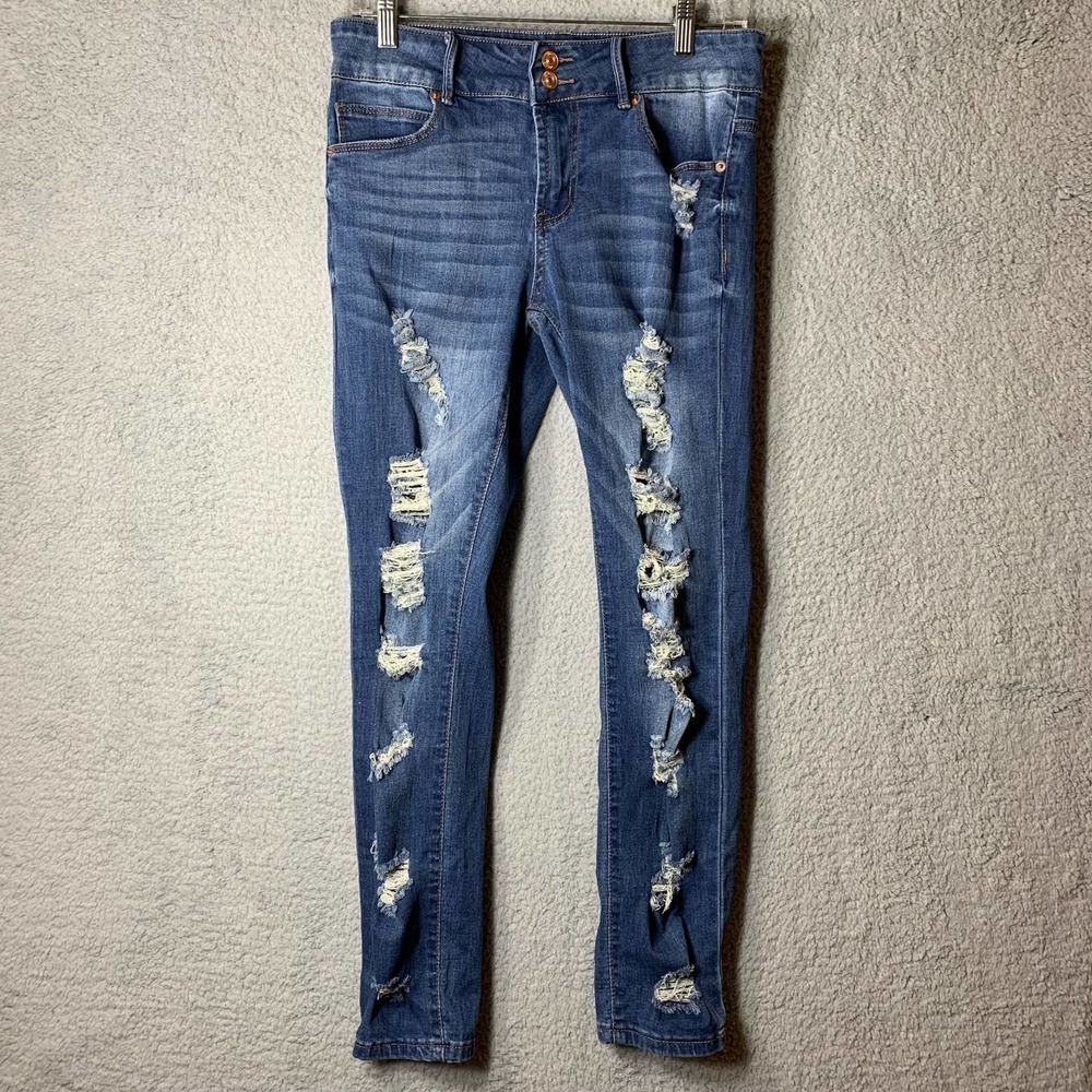 Rue21 Jeans Womens Juniors 7 Blue High Rise‎ Button Distressed Skinny Fit Jeans